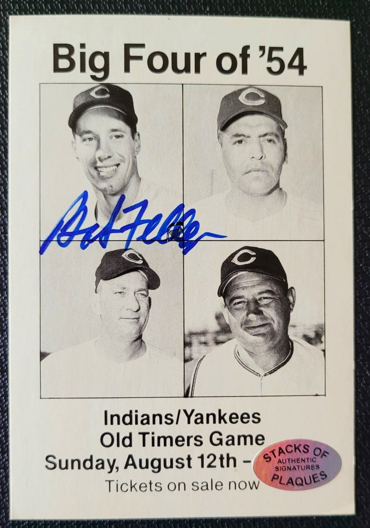 Bob Feller Cleveland Indians & Hall of Famer Signed 1954 Big 4 Cleveland vs Yankees Old-Timers Game August 12, 1954 3 x 4.5 Card (SOP COA)
