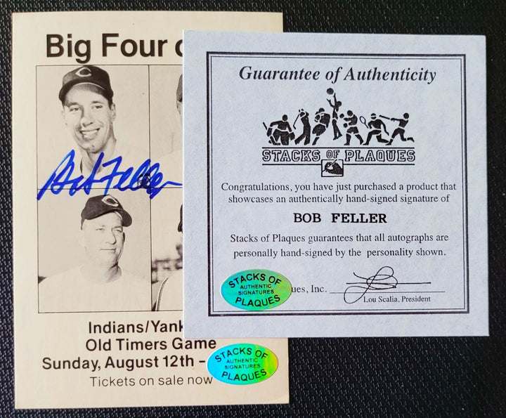 Bob Feller Cleveland Indians & Hall of Famer Signed 1954 Big 4 Cleveland vs Yankees Old-Timers Game August 12, 1954 3 x 4.5 Card (SOP COA)