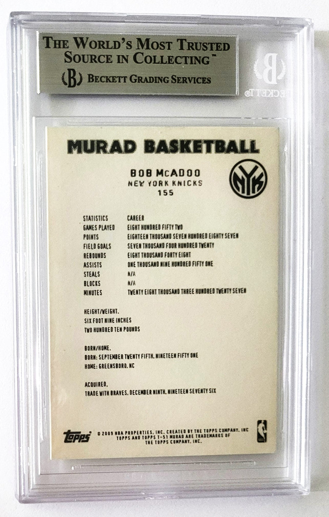 Bob McAdoo New York Knicks Signed 2008-09 ToppsT51 Murad Card #155 (Beckett Authenticated & Encapsulated Card)