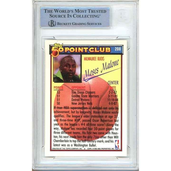 Moses Malone Milwaukee Bucks Signed 1992-93 Topps Basketball Card BAS Auth Auto Slab