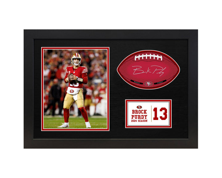 Brock Purdy San Francisco 49ers NFL Officially Licensed  Signable  With Player  Facsimile Signature and Photo Display in a 15H x 22W x 0.75D High Quality Black Frame