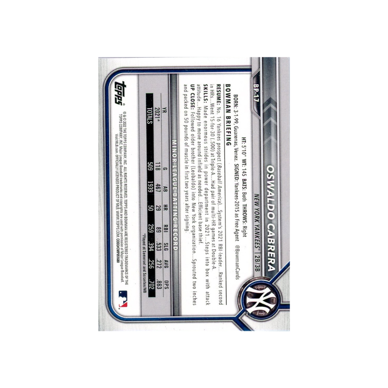 Oswaldo Cabrera New York Yankees Autographed Signed 2022 Bowman Paper 1st Prospect Card (CX Auth)