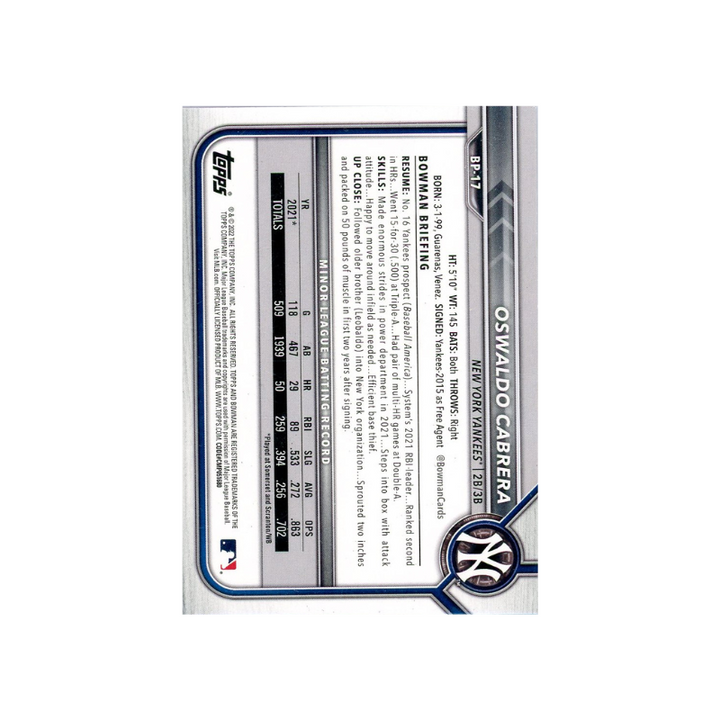 Oswaldo Cabrera New York Yankees Autographed Signed 2022 Bowman Paper 1st Prospect Card (CX Auth)