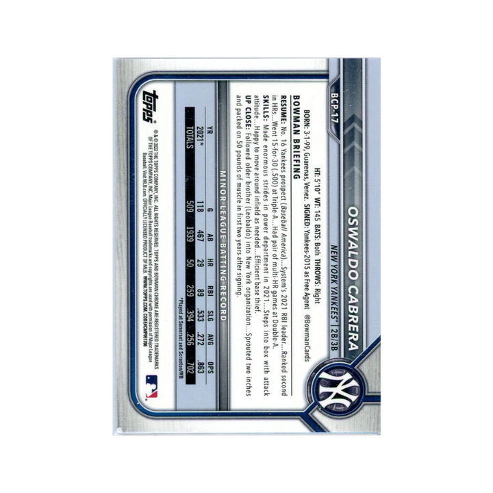 Oswaldo Cabrera New York Yankees Autographed Signed 2022 Bowman Chrome 1st Prospect Card (CX Auth)