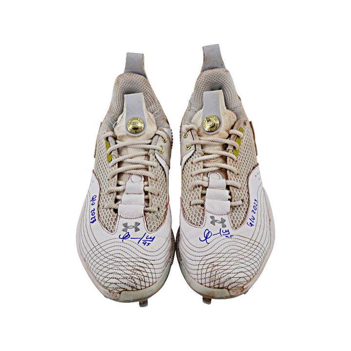 Oswaldo Cabrera New York Yankees Autographed and Inscribed "G/U 2023" White/Gold Harper 7 Cleats