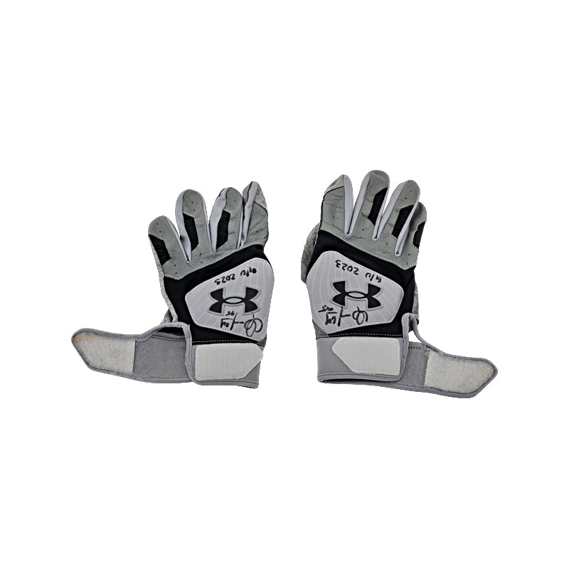 Oswaldo Cabrera New York Yankees Autographed and Inscribed "G/U 2023" Grey/Black Under Armour Batting Gloves w/ Tear