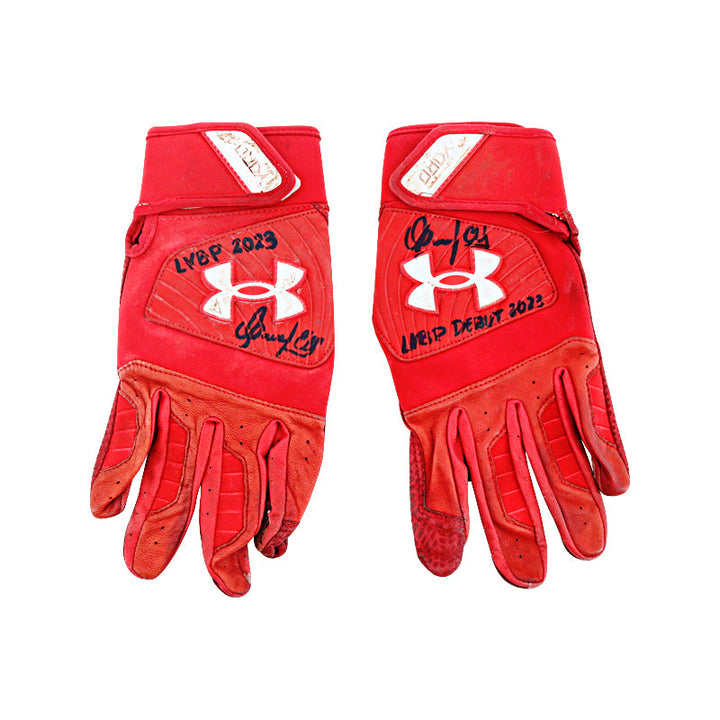 Oswaldo Cabrera Venezuelan Professional Baseball League Autographed and Inscribed "LVBP 2023" Game Used Red Pair of Under Armour Batting Gloves (Oswaldo Cabrera LOA)