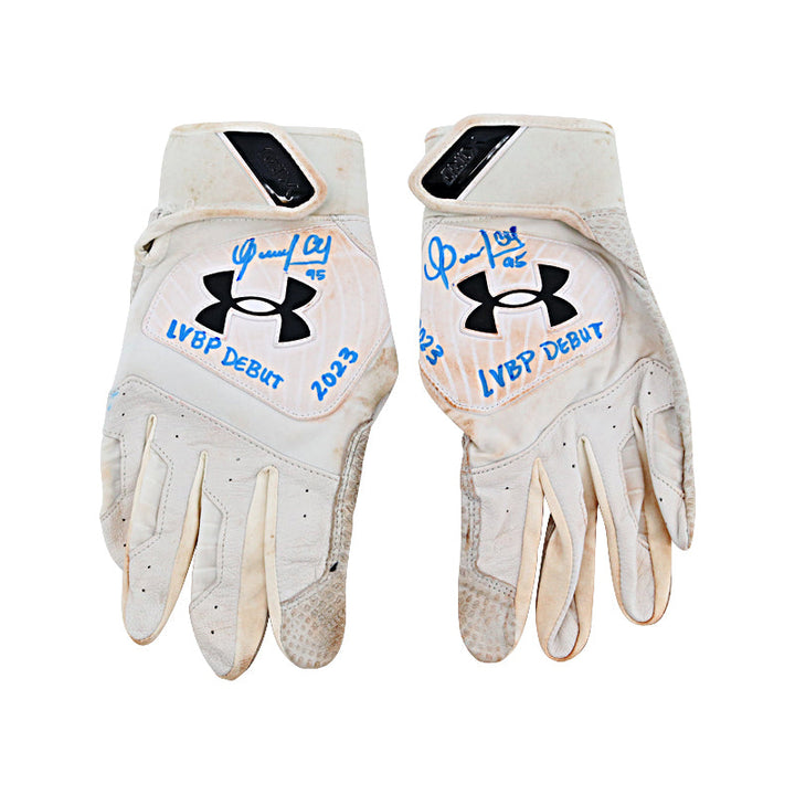 Oswaldo Cabrera Venezuelan Professional Baseball League Autographed and Inscribed "LVBP Debut 2023" Game Used White Pair of Under Armour Batting Gloves (Oswaldo Cabrera LOA)