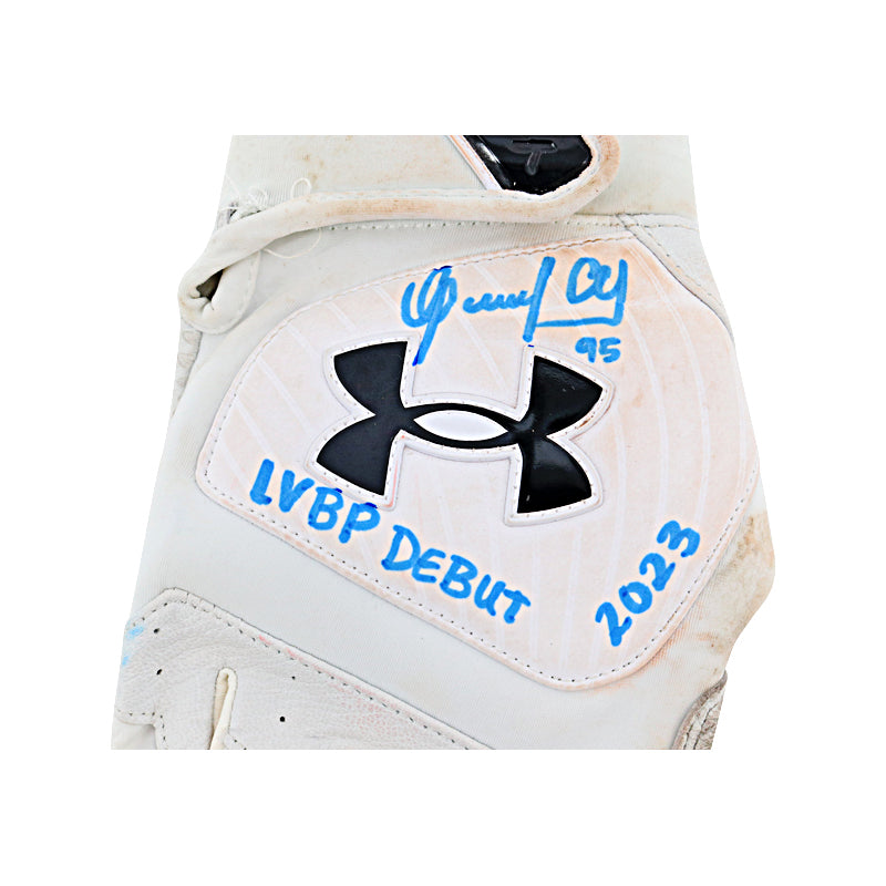 Oswaldo Cabrera Venezuelan Professional Baseball League Autographed and Inscribed "LVBP Debut 2023" Game Used White Pair of Under Armour Batting Gloves (Oswaldo Cabrera LOA)