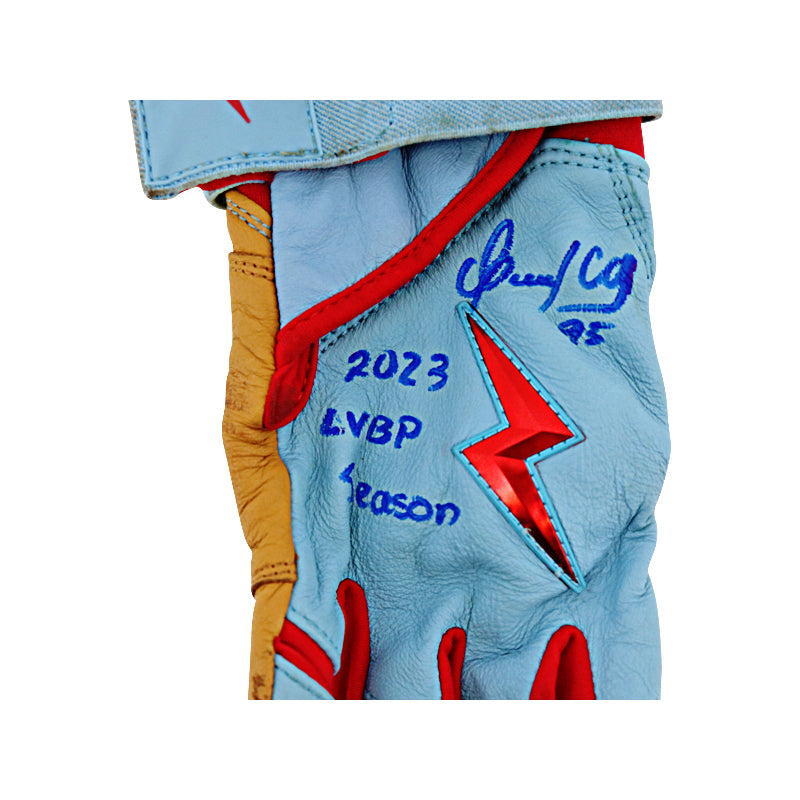 Oswaldo Cabrera Venezuelan Professional Baseball League Autographed and Inscribed "All we need is love, 2023 LVBP Season" Game Used Light Blue Pair of Bruce Bolt Batting Gloves (Oswaldo Cabrera LOA)