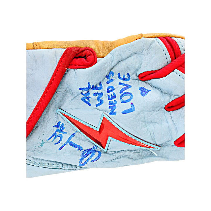 Oswaldo Cabrera Venezuelan Professional Baseball League Autographed and Inscribed "All we need is love, 2023 LVBP Season" Game Used Light Blue Pair of Bruce Bolt Batting Gloves (Oswaldo Cabrera LOA)