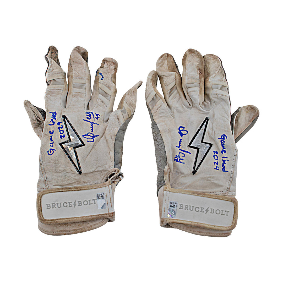 Oswaldo Cabrera New York Yankees Autographed Signed Inscribed Bruce Bolt White/Gray Game Used Gloves (CX Auth/Cabrera LOA)