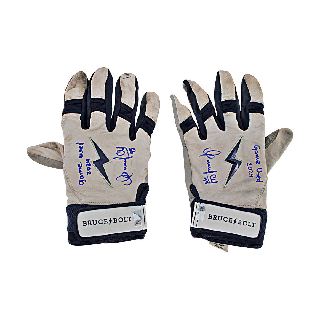 Oswaldo Cabrera New York Yankees Autographed Signed Inscribed Bruce Bolt White/Blue Game Used Gloves (CX Auth/Cabrera LOA)