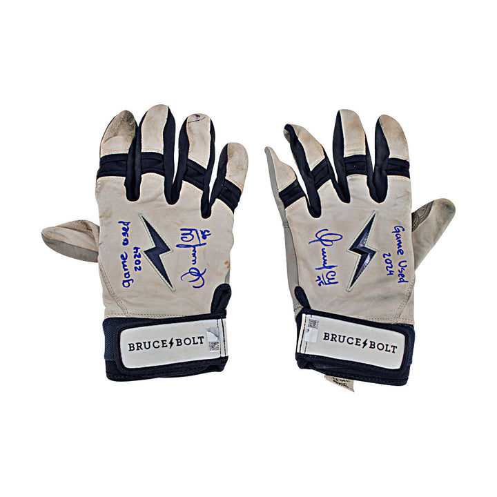 Oswaldo Cabrera New York Yankees Autographed Signed Inscribed Bruce Bolt White/Blue Game Used Gloves (CX Auth/Cabrera LOA)