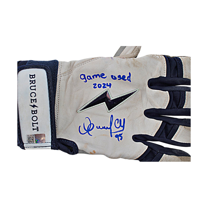 Oswaldo Cabrera New York Yankees Autographed Signed Inscribed Bruce Bolt White/Blue Game Used Gloves (CX Auth/Cabrera LOA)