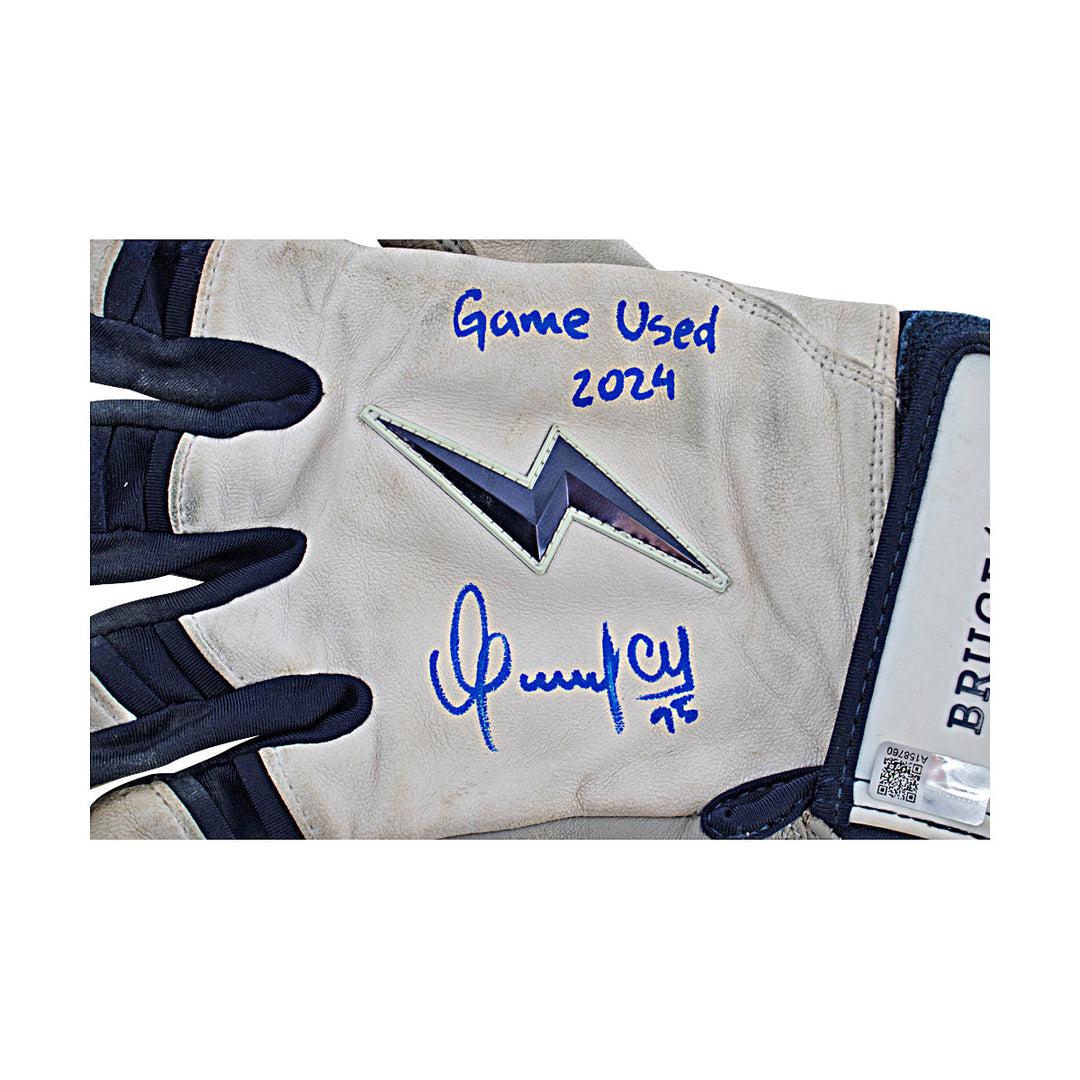 Oswaldo Cabrera New York Yankees Autographed Signed Inscribed Bruce Bolt White/Blue Game Used Gloves (CX Auth/Cabrera LOA)