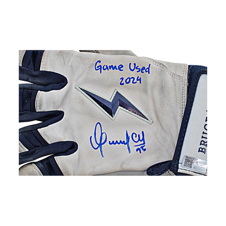 Oswaldo Cabrera New York Yankees Autographed Signed Inscribed Bruce Bolt White/Blue Game Used Gloves (CX Auth/Cabrera LOA)