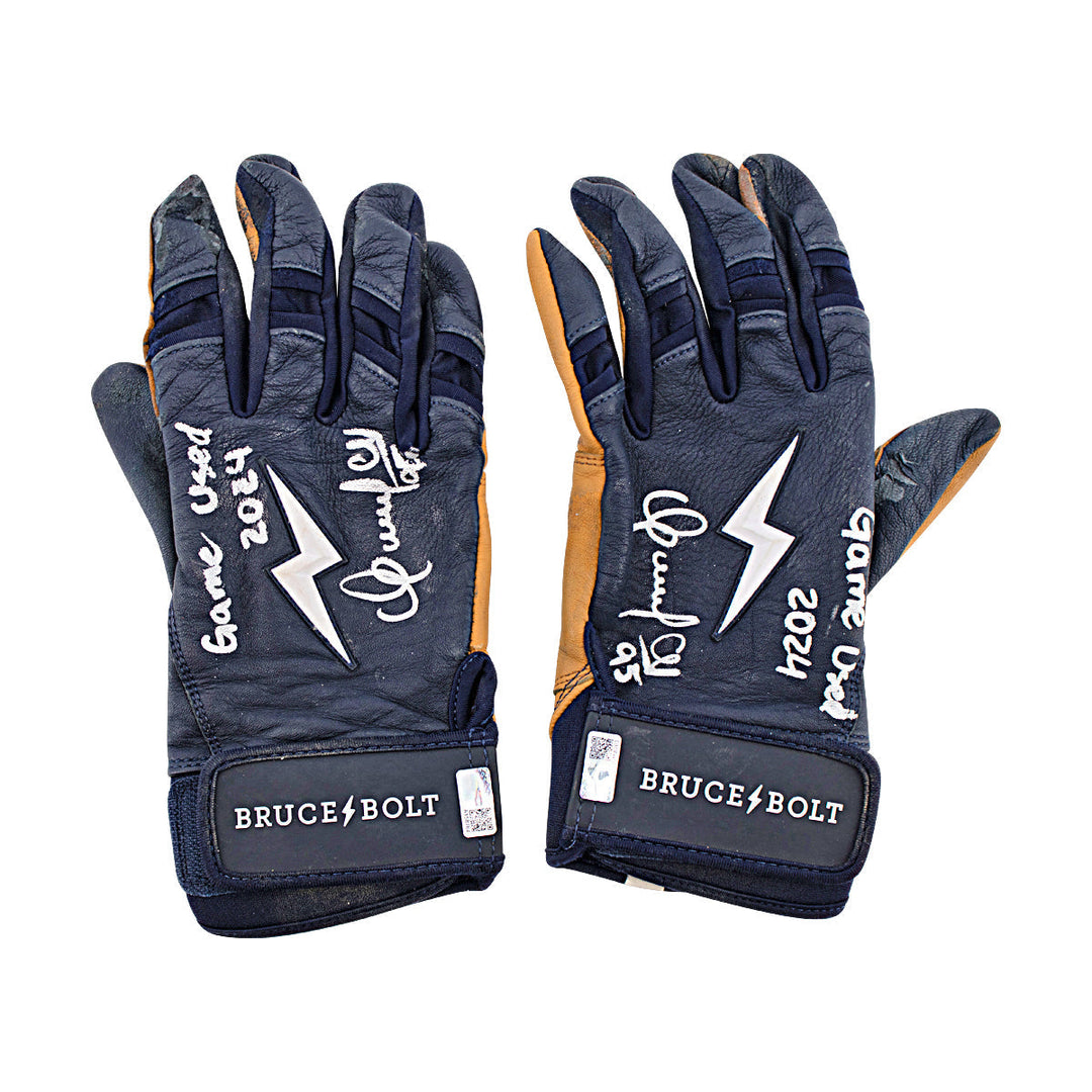Oswaldo Cabrera New York Yankees Autographed Signed Inscribed Bruce Bolt Blue/Brown Game Used Gloves (CX Auth/Cabrera LOA)
