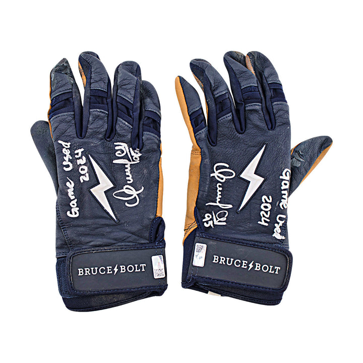 Oswaldo Cabrera New York Yankees Autographed Signed Inscribed Bruce Bolt Blue/Brown Game Used Gloves (CX Auth/Cabrera LOA)