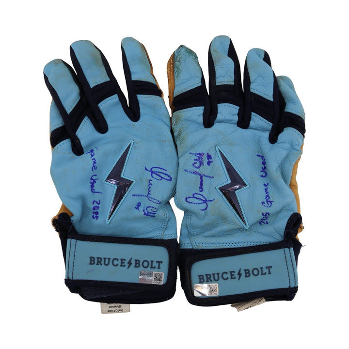 Oswaldo Cabrera New York Yankees Autographed Signed Inscribed Bruce Bolt Light Blue/Navy 2025 Game Used Gloves (CX Auth)