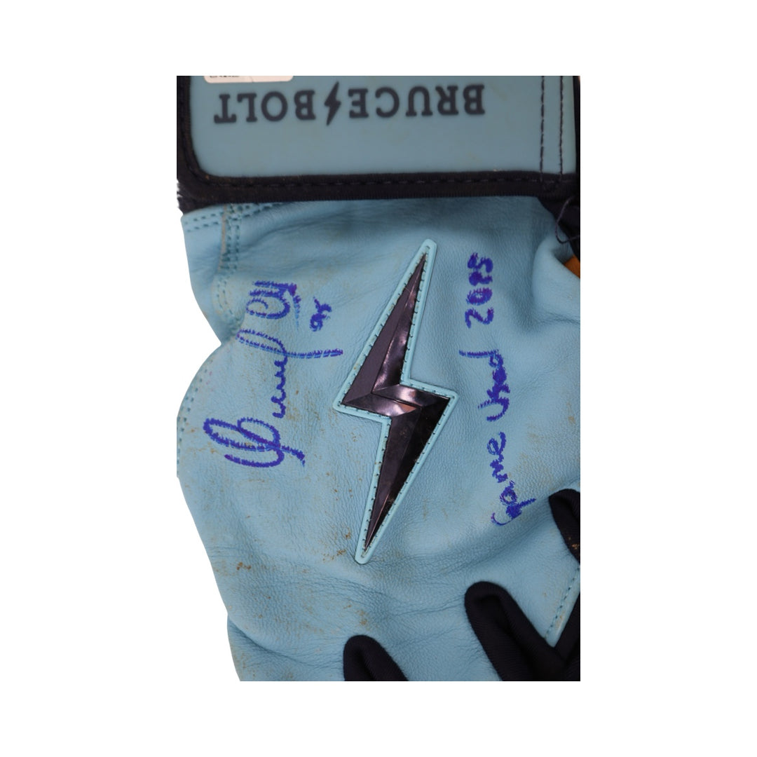Oswaldo Cabrera New York Yankees Autographed Signed Inscribed Bruce Bolt Light Blue/Navy 2025 Game Used Gloves (CX Auth)