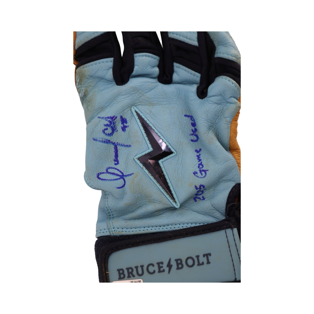 Oswaldo Cabrera New York Yankees Autographed Signed Inscribed Bruce Bolt Light Blue/Navy 2025 Game Used Gloves (CX Auth)