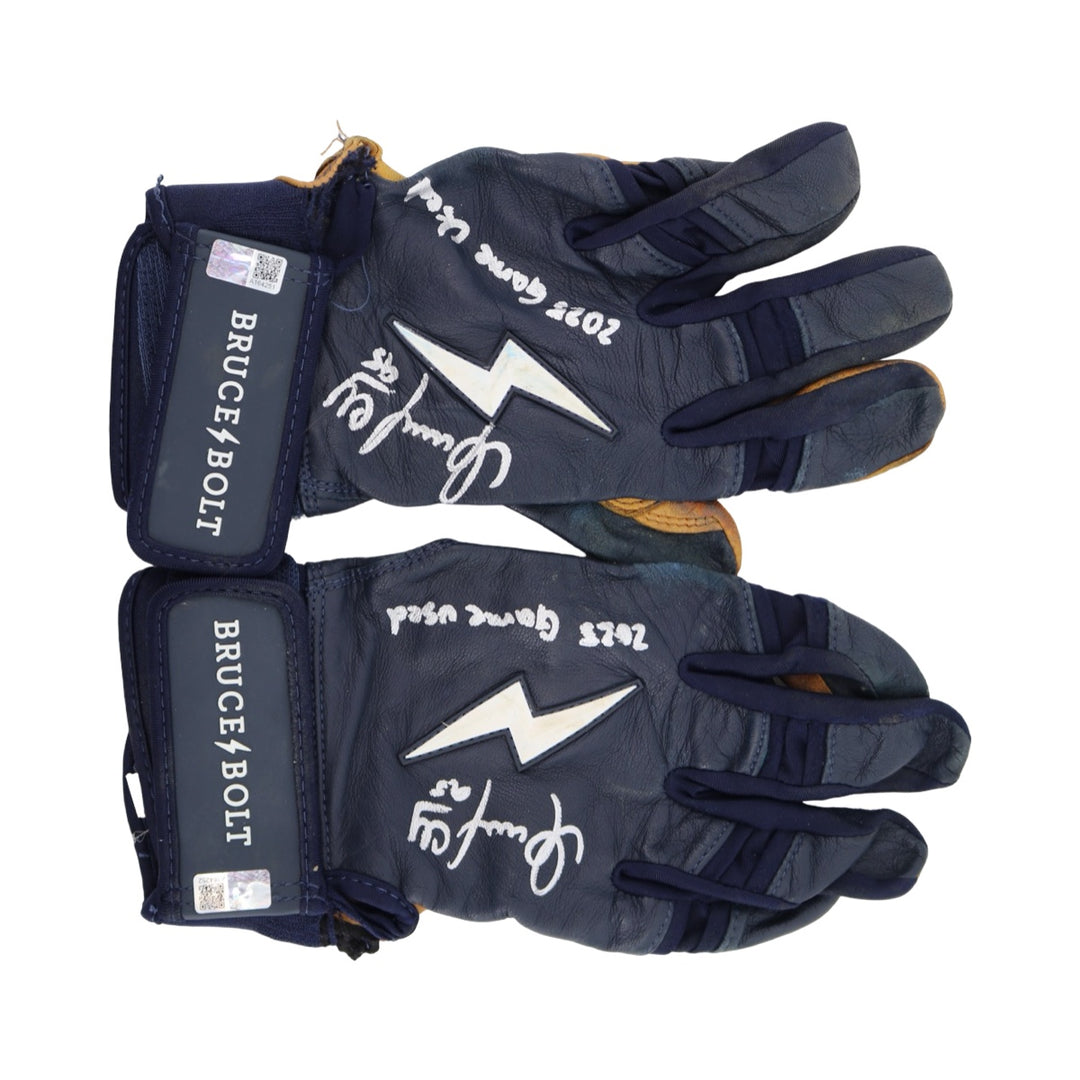 Oswaldo Cabrera New York Yankees Autographed Signed Inscribed Bruce Bolt Navy 2025 Game Used Gloves (CX Auth)
