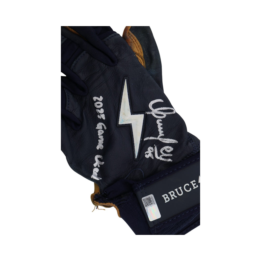 Oswaldo Cabrera New York Yankees Autographed Signed Inscribed Bruce Bolt Navy 2025 Game Used Gloves (CX Auth)