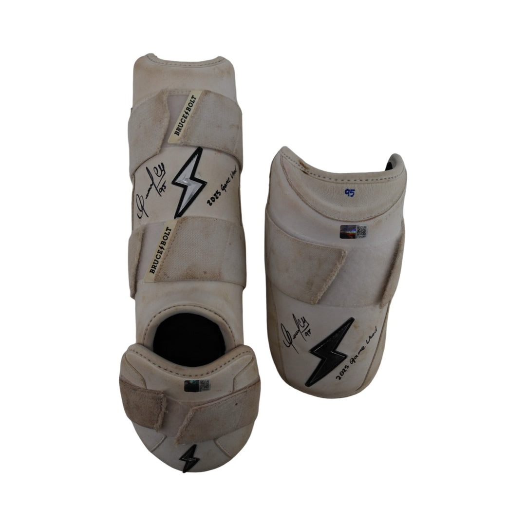 Oswaldo Cabrera New York Yankees Autographed Signed Inscribed Bruce Bolt 2025 Game Used Arm & Shin Guards (CX Auth/Cabrera LOA)