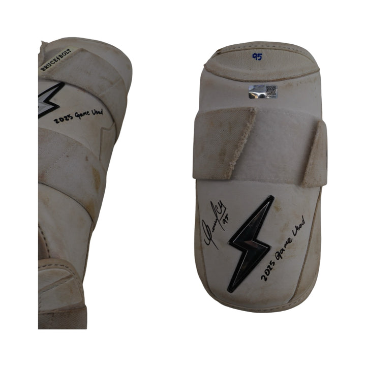 Oswaldo Cabrera New York Yankees Autographed Signed Inscribed Bruce Bolt 2025 Game Used Arm & Shin Guards (CX Auth/Cabrera LOA)