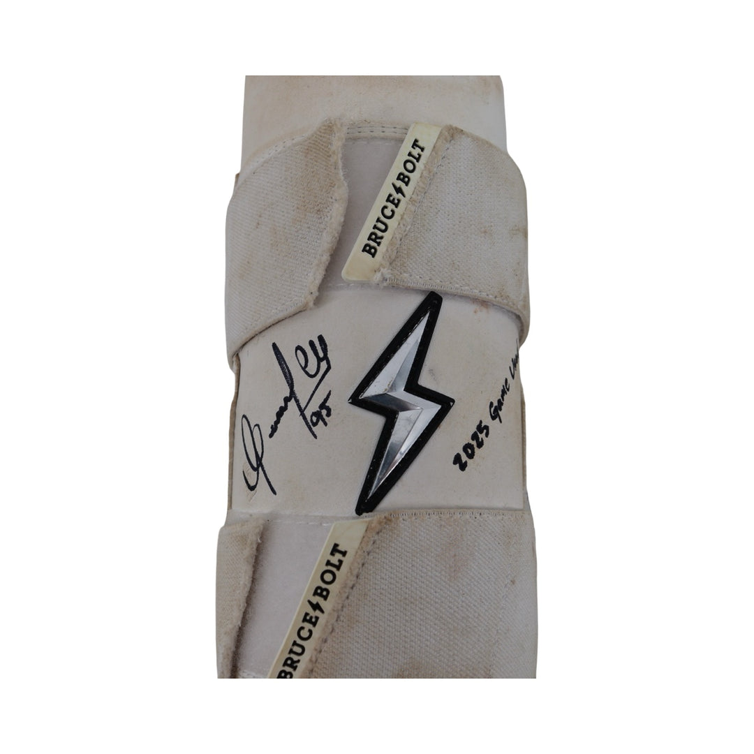 Oswaldo Cabrera New York Yankees Autographed Signed Inscribed Bruce Bolt 2025 Game Used Arm & Shin Guards (CX Auth/Cabrera LOA)