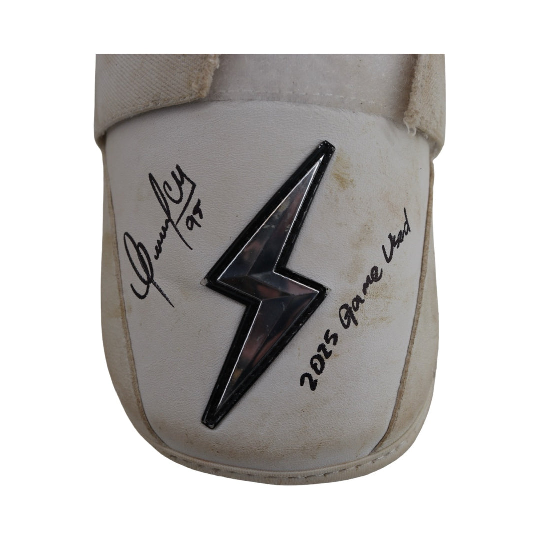 Oswaldo Cabrera New York Yankees Autographed Signed Inscribed Bruce Bolt 2025 Game Used Arm & Shin Guards (CX Auth/Cabrera LOA)