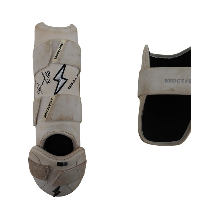 Oswaldo Cabrera New York Yankees Autographed Signed Inscribed Bruce Bolt 2025 Game Used Arm & Shin Guards (CX Auth/Cabrera LOA)