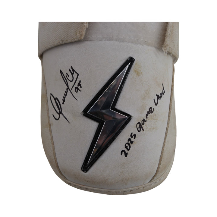 Oswaldo Cabrera New York Yankees Autographed Signed Inscribed Bruce Bolt 2025 Game Used Arm & Shin Guards (CX Auth/Cabrera LOA)