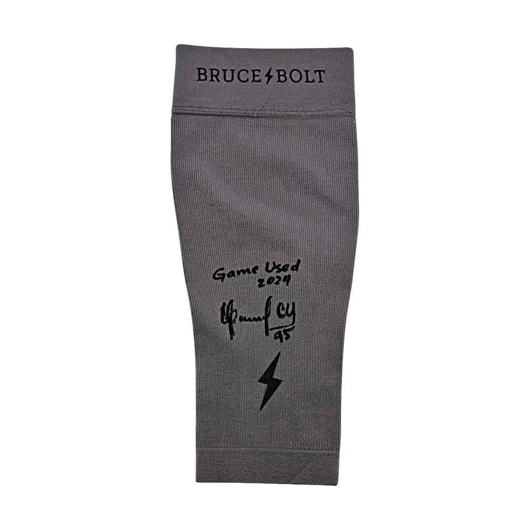 Oswaldo Cabrera New York Yankees Autographed Signed Inscribed Bruce Bolt Grey Game Used Short Arm Sleeve (CX Auth/Cabrera LOA)