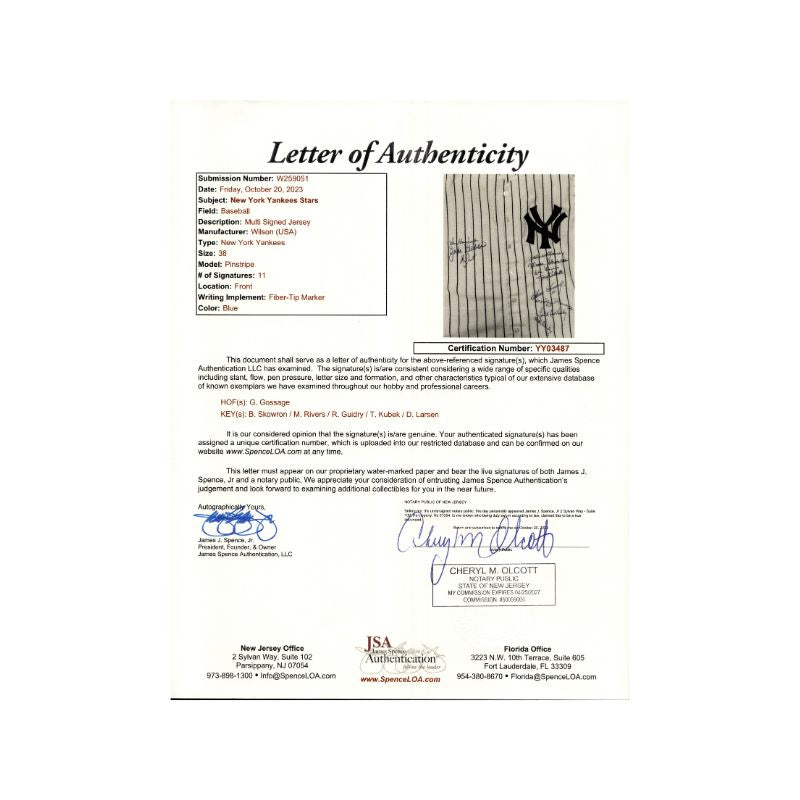 Gossage, Larsen, Kubek 11 Signatures New York Yankees #16 Jersey (JSA LOA)
