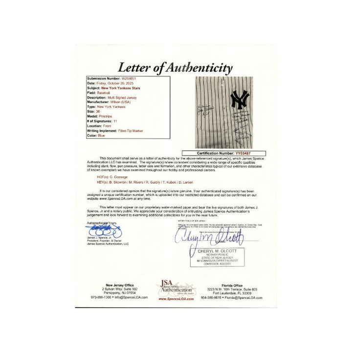 Gossage, Larsen, Kubek 11 Signatures New York Yankees #16 Jersey (JSA LOA)