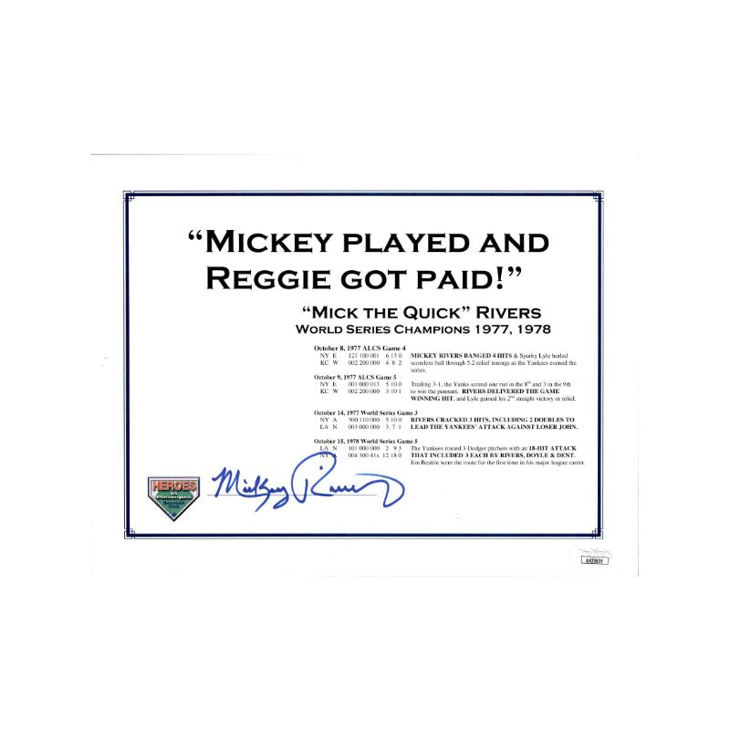 Mickey Rivers New York Yankees Autographed Heros In Pinstripes 8x10 Placard (JSA)