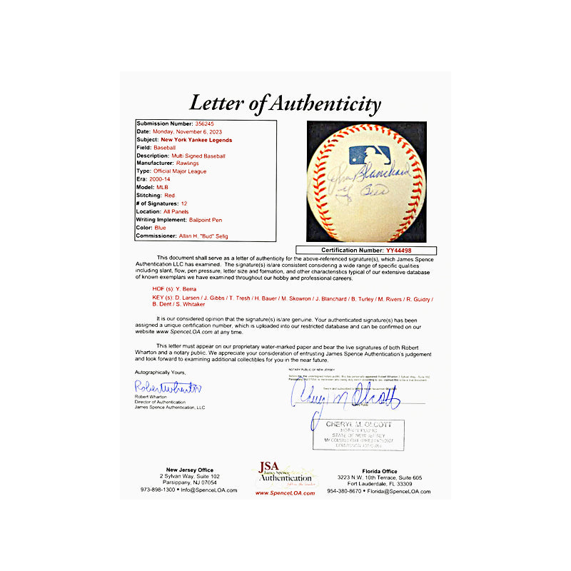 Berra, Larsen, Dent New York Yankee Legends Multi Signed Autographed OMLB Baseball (JSA LOA #YY44498)