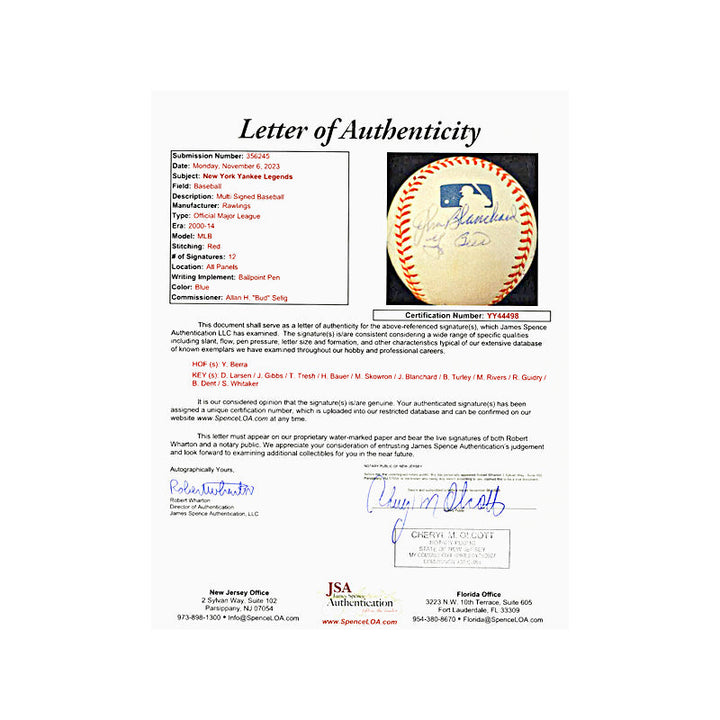 Berra, Larsen, Dent New York Yankee Legends Multi Signed Autographed OMLB Baseball (JSA LOA #YY44498)