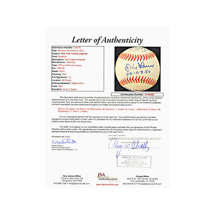 Larsen, Rivers, Kubek Yankee Legends Multi Signed Autographed OMLB Baseball (JSA LOA #YY44499)