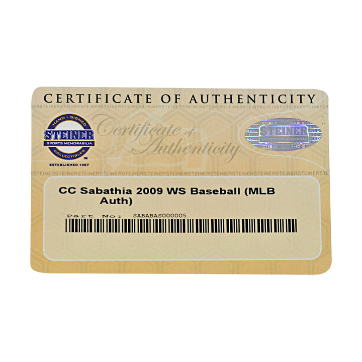 CC Sabathia New York Yankees Autographed 2009 World Series Logo Baseball Steiner COA