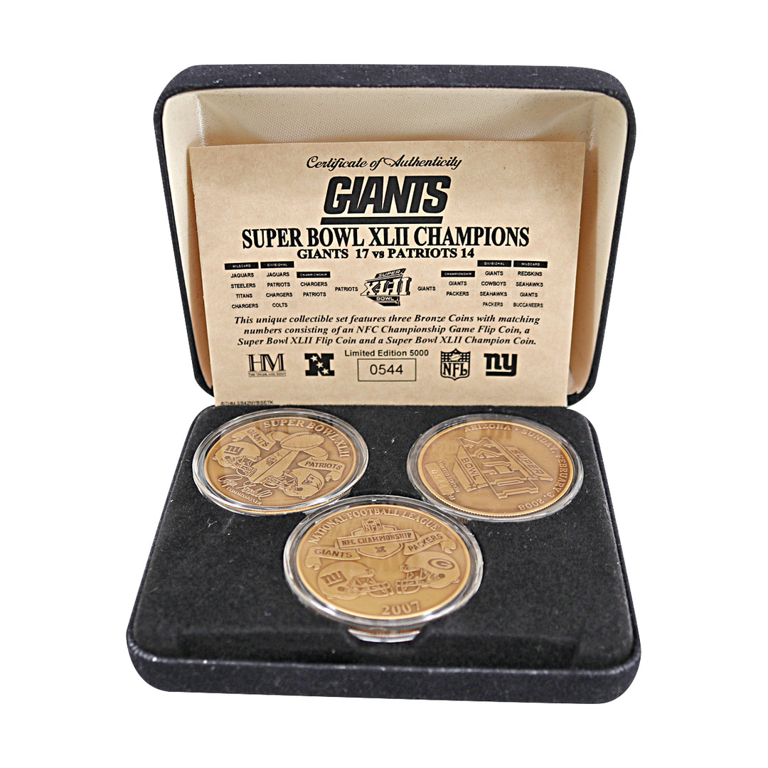 New York Giants Championship 2.3.08 Highland Mint 3 Bronze Coin Set LE 544/5000