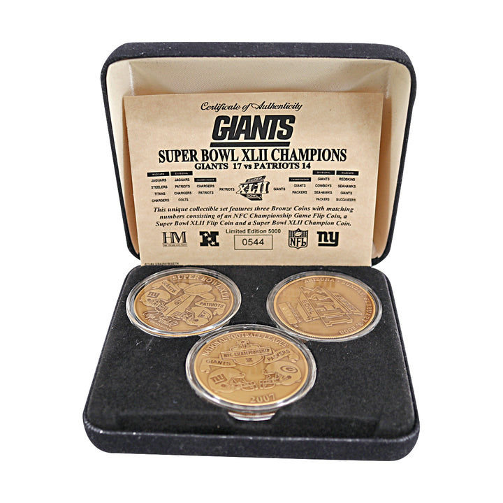 New York Giants Championship 2.3.08 Highland Mint 3 Bronze Coin Set LE 544/5000