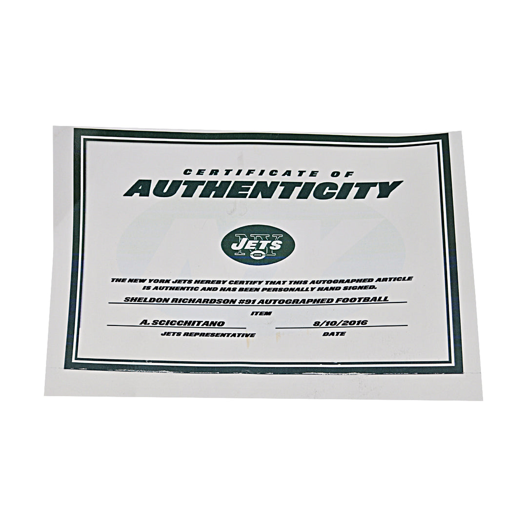Sheldon Richardson New York Jets Autographed White Panel Football NY Jets COA