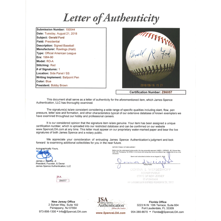 Gerald R Ford President Autographed OAL Baseball PSA & JSA LOA