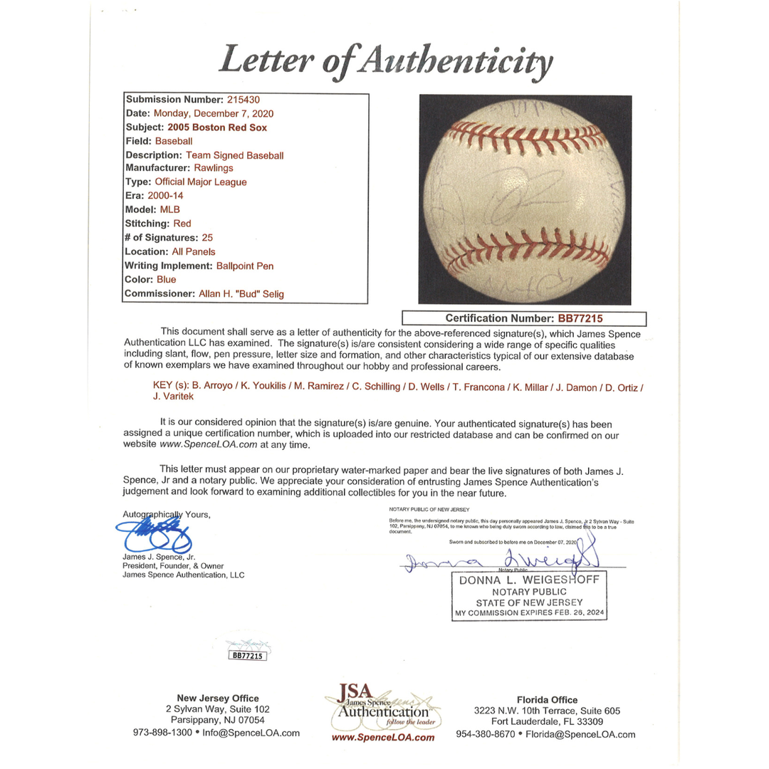2005 Boston Red Sox Team Multi Signed OMLB Baseball JSA LOA