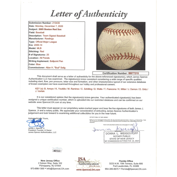 2005 Boston Red Sox Team Multi Signed OMLB Baseball JSA LOA