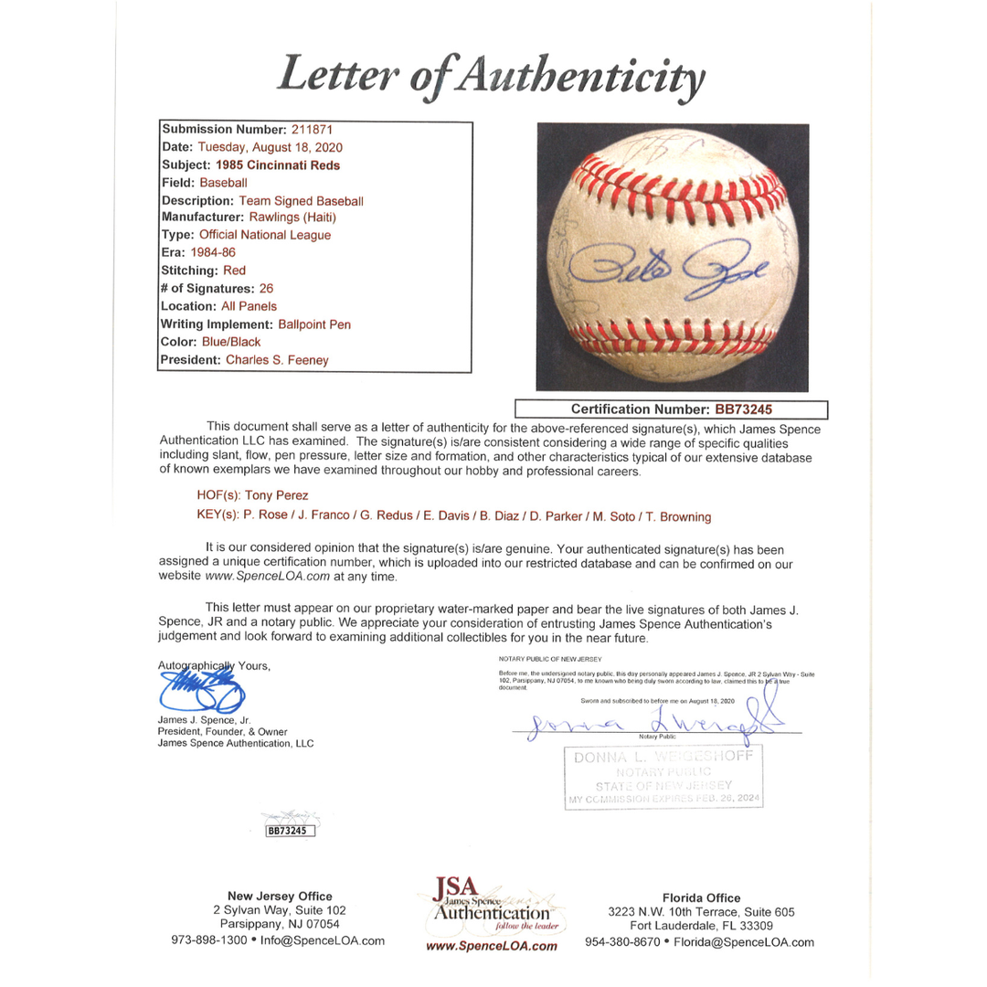 1985 Cincinnati Reds Team Multi Signed ONL Baseball JSA LOA