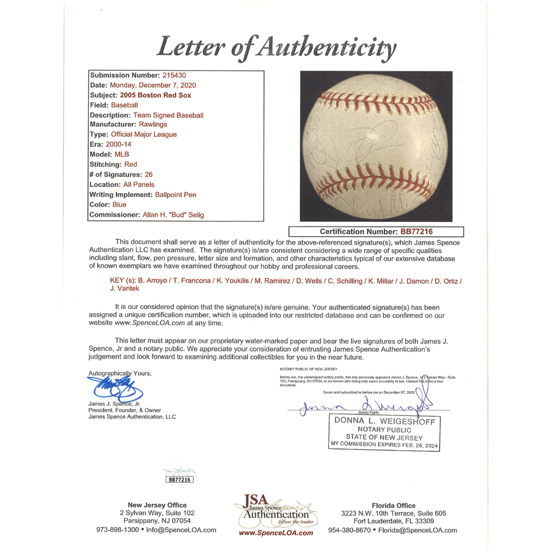 2005 Boston Red Sox Team Multi Signed OMLB Baseball JSA LOA